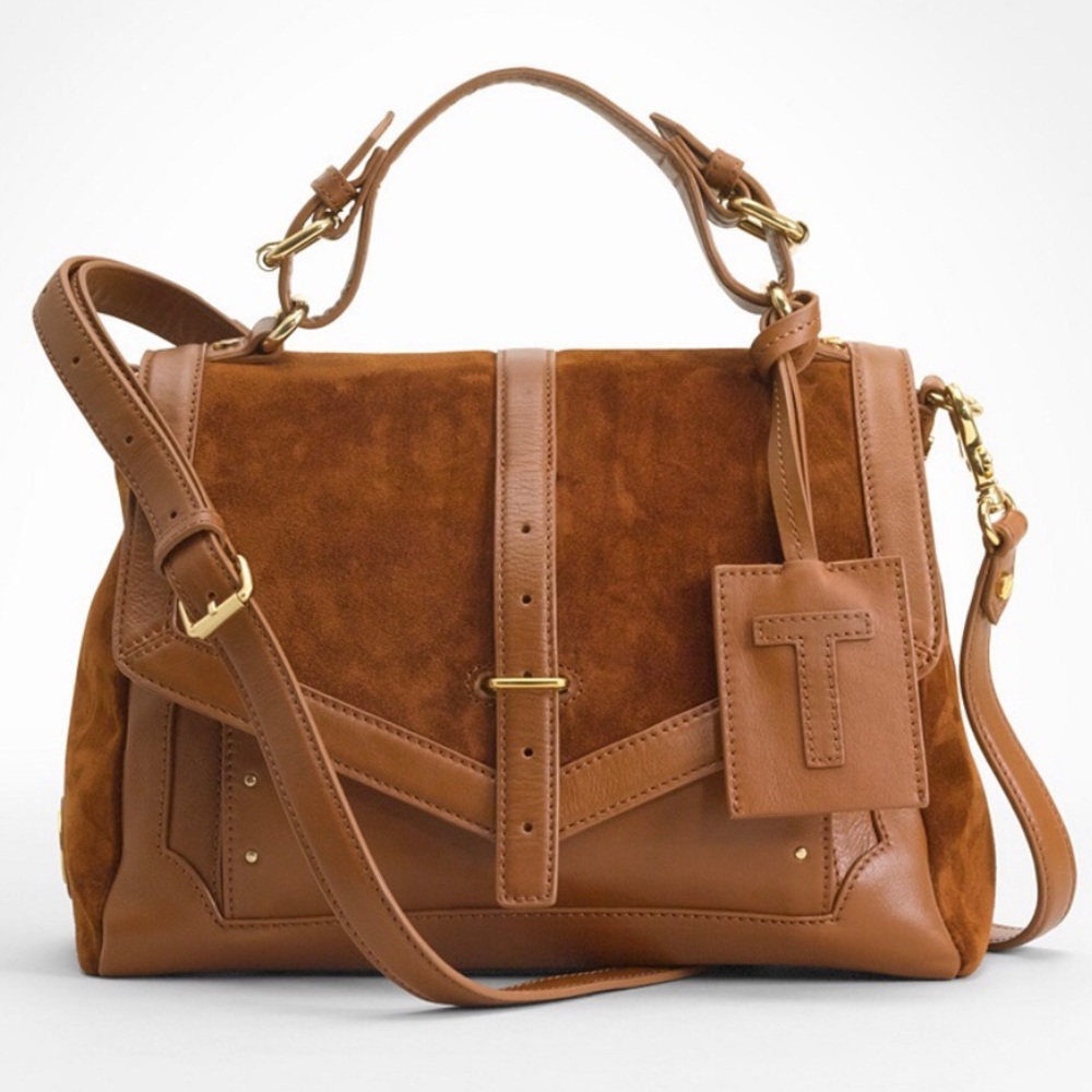 Tory Burch 797 Messenger Bag in Suede Tan Learher